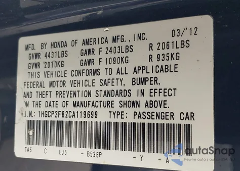 2012 Honda Accord 2.4 Ex-L z USA, uszkodzony, nr VIN 1HGCP2F82CA119699